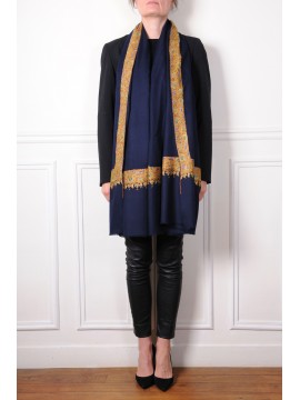 NOMI NAVY, hand-embroidered 100% cashmere pashmina shawl