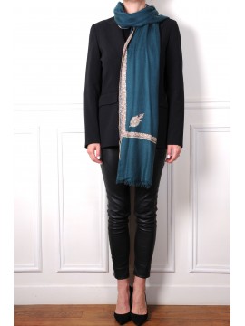 ASHA EENDENBLAUW, 100% cashmere handgeborduurde pashmina stola