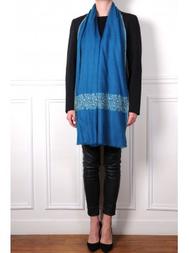 TARA BLAUW, echte Pashmina-stola 100% handgeborduurd cashmere