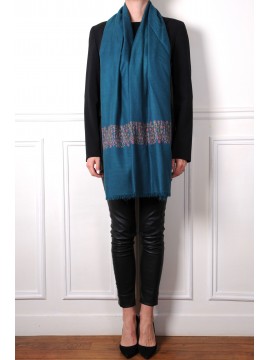 TARA DUCK BLUE, real pashmina 100% cashmere with handmade embroideries