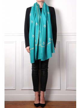 BETTY TURQUOISE, handgeborduurde 100% kasjmier pashmina sjaal